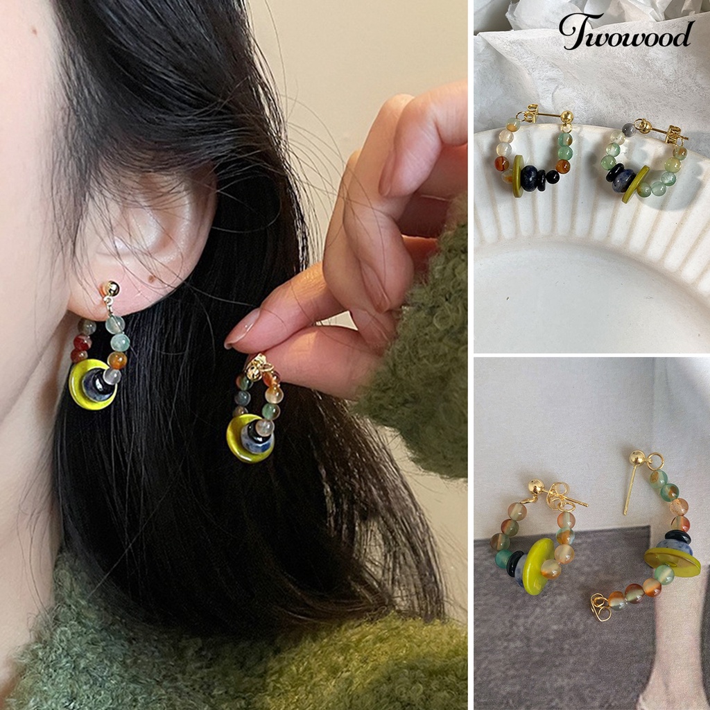 Twowood 1pasang Ear Studs Vintage Gaya Etnik Manik-Manik Berwarna Electroplating Glossy Dress Up Hypoallergenic Alloy Hoop Stud Menjuntai Anting Fashion Perhiasan