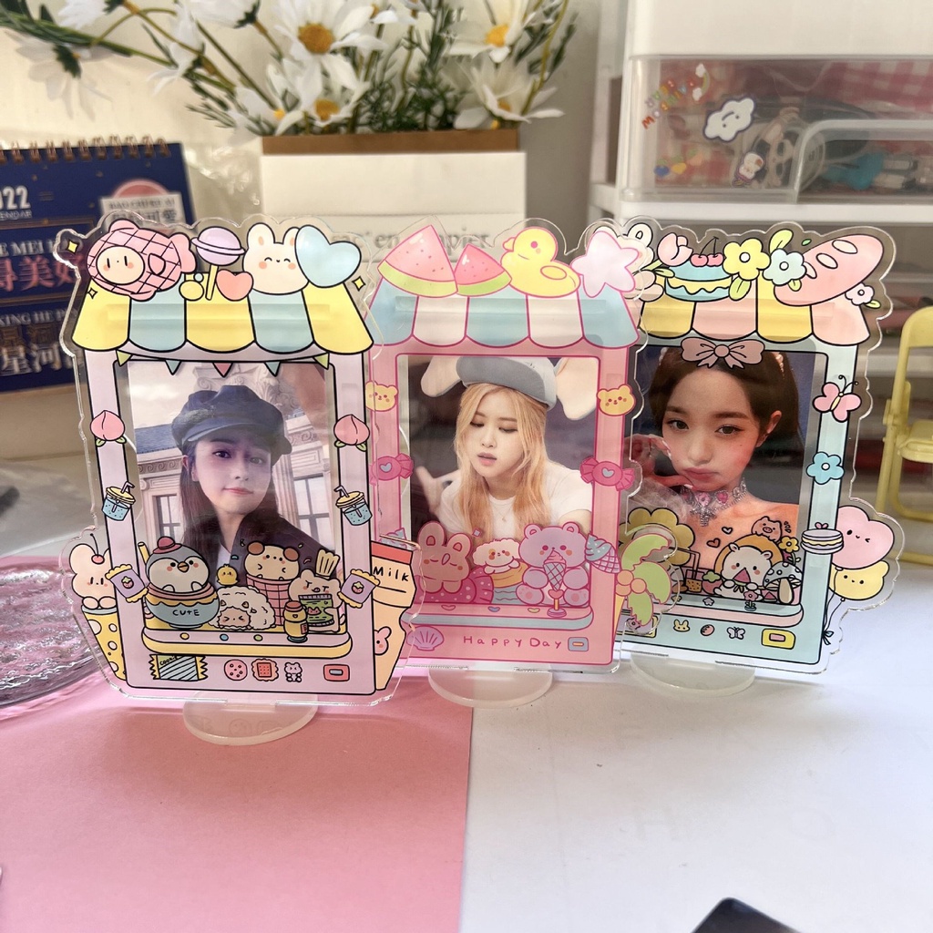 Cute Bear Card Holder 3Inch Untuk Kpop Idol Photocard Stand Holder Desktop Display Gambar Bingkai Foto Akrilik