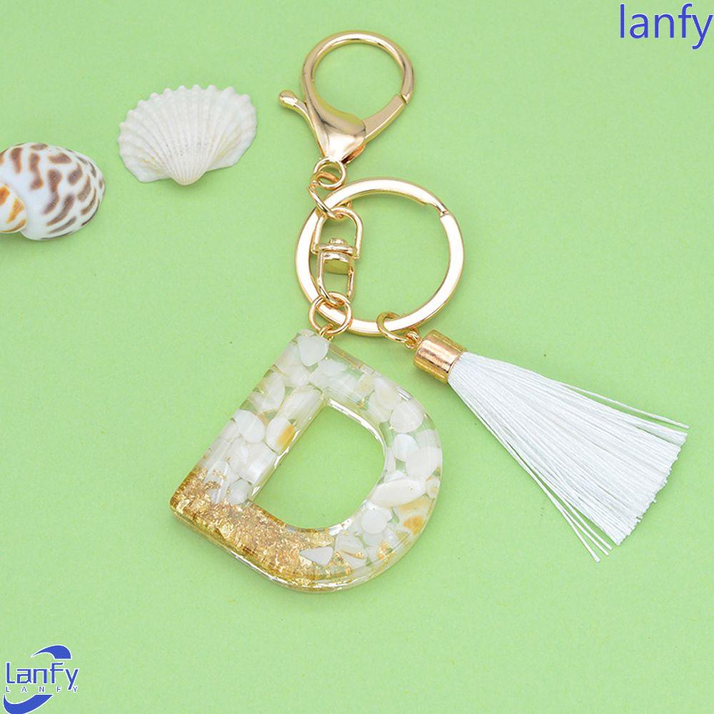 Lanfy 26huruf Gantungan Kunci Lucu Glitter Gradiasi Ornamen Perhiasan Putih Rumbai Liontin Kristal Alfabet Key Chain