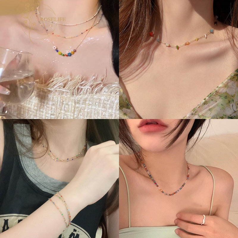 Roselife Korea Trendi Akrilik Warna-Warni Manik-Manik Choker Pendek Kalung Untuk Wanita Gadis Populer Liburan Musim Panas Tulang Selangka Rantai Necklaces Perhiasan Aksesoris