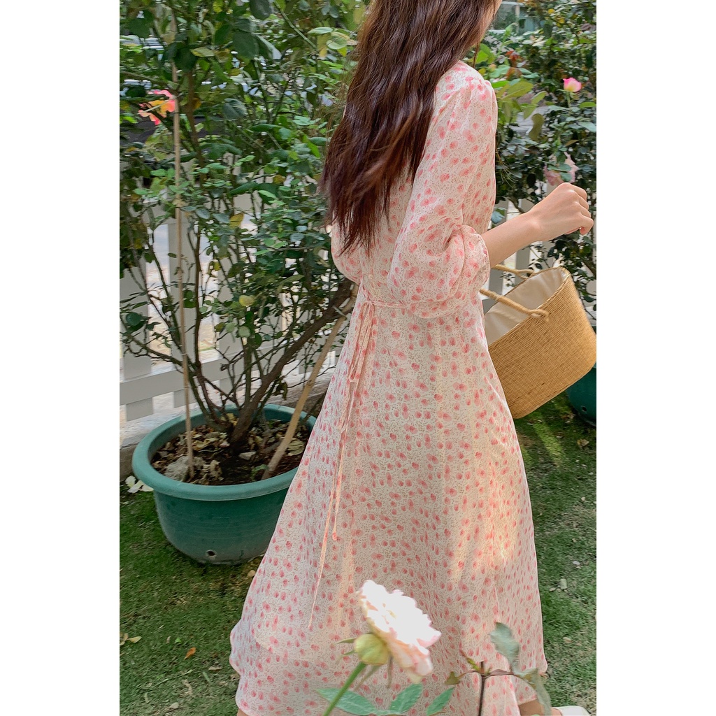 AIMEI 2023 new small floral chiffon dress female Korean long dress