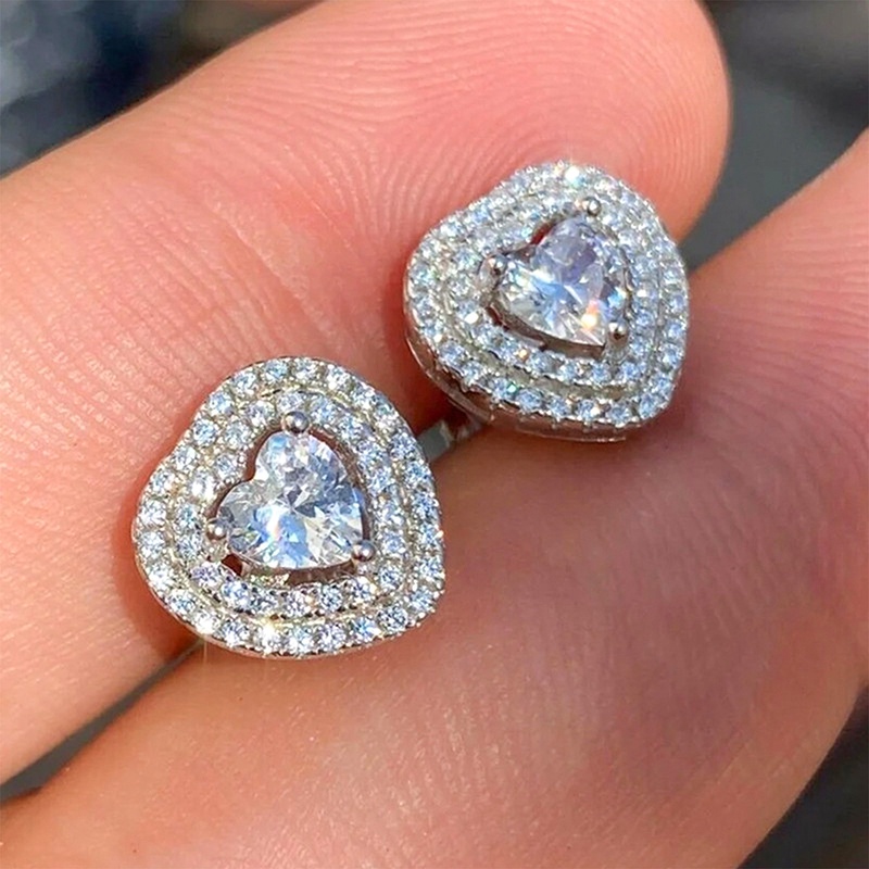 Brilliant Heart Cubic Zirconia Stud Earrings Untuk Wanita Pernikahan Pertunangan Cinta Aksesoris Hadiah Indah Perhiasan Fashion