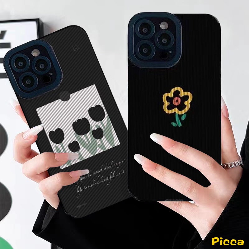 Ins Vintage Black Flowers Phone Case Kompatibel Untuk IPhone 14 Pro Max XR 7Plus 11 14 13 12 Pro Max X7 8 Plus XS Max Tulip Mewah Tekstur Kulit Lembut Silicon Back Cover