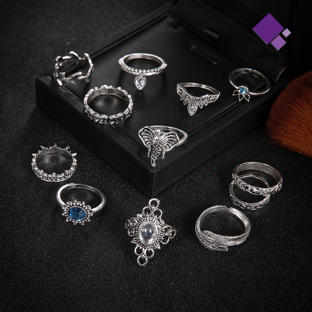 &lt; Naiveblues &gt; 12Pcs Wanita Vintage Boho Faux Gemstone Rhinestone Jewelry Buku Jari Rings