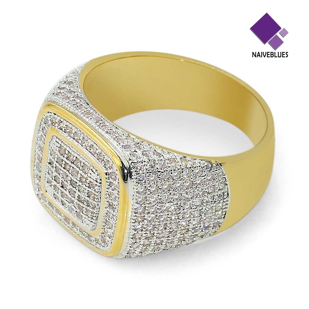 &lt; Naiveblues &gt; Glitter Pria Persegi Penuh Berlian Imitasi Bertatahkan Jari Cincin Perhiasan Pernikahan
