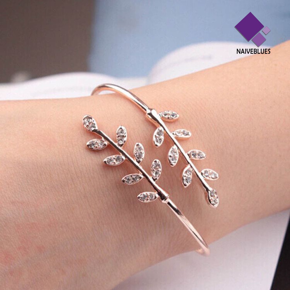 &lt; Naiveblues &gt; Wanita Fashion Berlian Imitasi Hias Daun Pembukaan Yang Dapat Disesuaikan Gelang Bangle