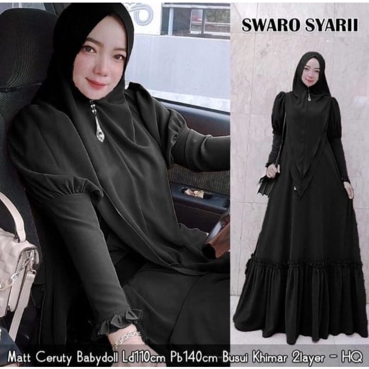 Swaro Syari Gamis Busui Ceruty Babydoll Furing Dress Syar'i Khimar 2 Layer Muslim Premium