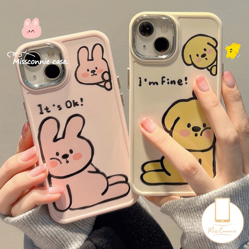 IPHONE Pasangan Case Ponsel Kartun Kompatibel Untuk Iphone7 8plus11 12 14 13 Pro MAX 7plus X XR 8plus XS MAX Plating Bingkai Lensa Logam Lukisan Minyak Anjing Lucu Robbit Soft Cover