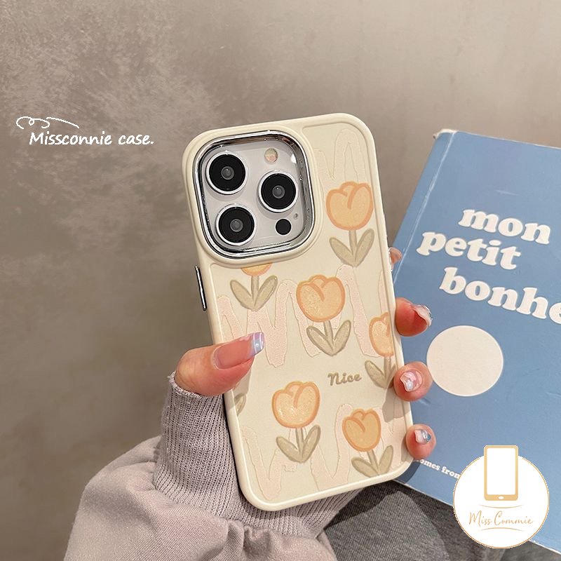 IPHONE Casing Ponsel Bingkai Lensa Logam Electroplate Kompatibel Untuk Iphone11 Pro MAX XR 7plus 14 12 13 Pro MAX X7 8 Plus XS MAX Bunga Tulip Segar Shockproof Lembut TPU Penutup Belakang