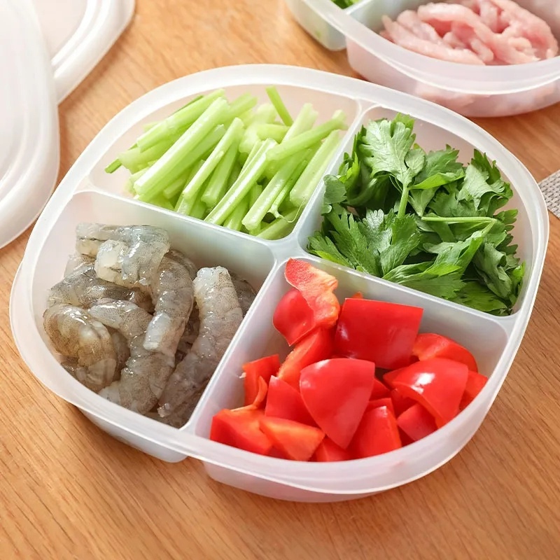 Kotak Penyimpanan Buah Makanan 4kisi/sekat Portable Kulkas Freezer Organizer/Sub-Packed Daging Bawang Jahe Clear Crisper