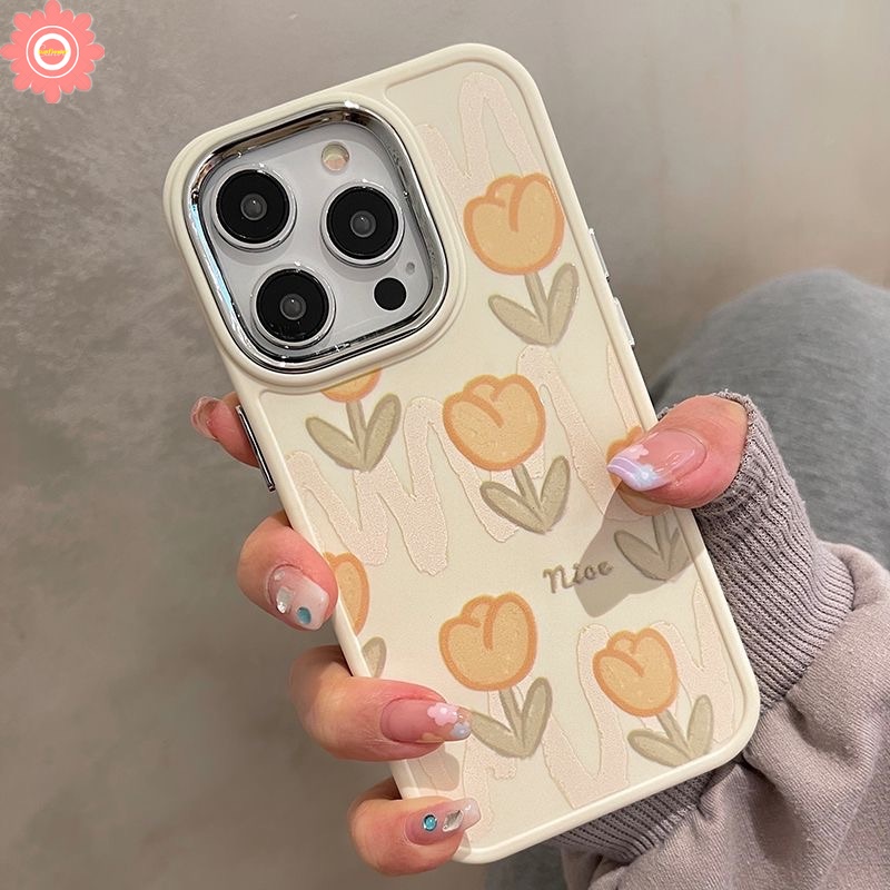 Bunga Tulip Segar Casing Ponsel Kompatibel Untuk IPhone XR 7plus 11 14 12 13 Pro MAX 11 Pro MAX X7 8 Plus XS MAX Electroplate Metal Lens Frame Shockproof Soft TPU Back Cover