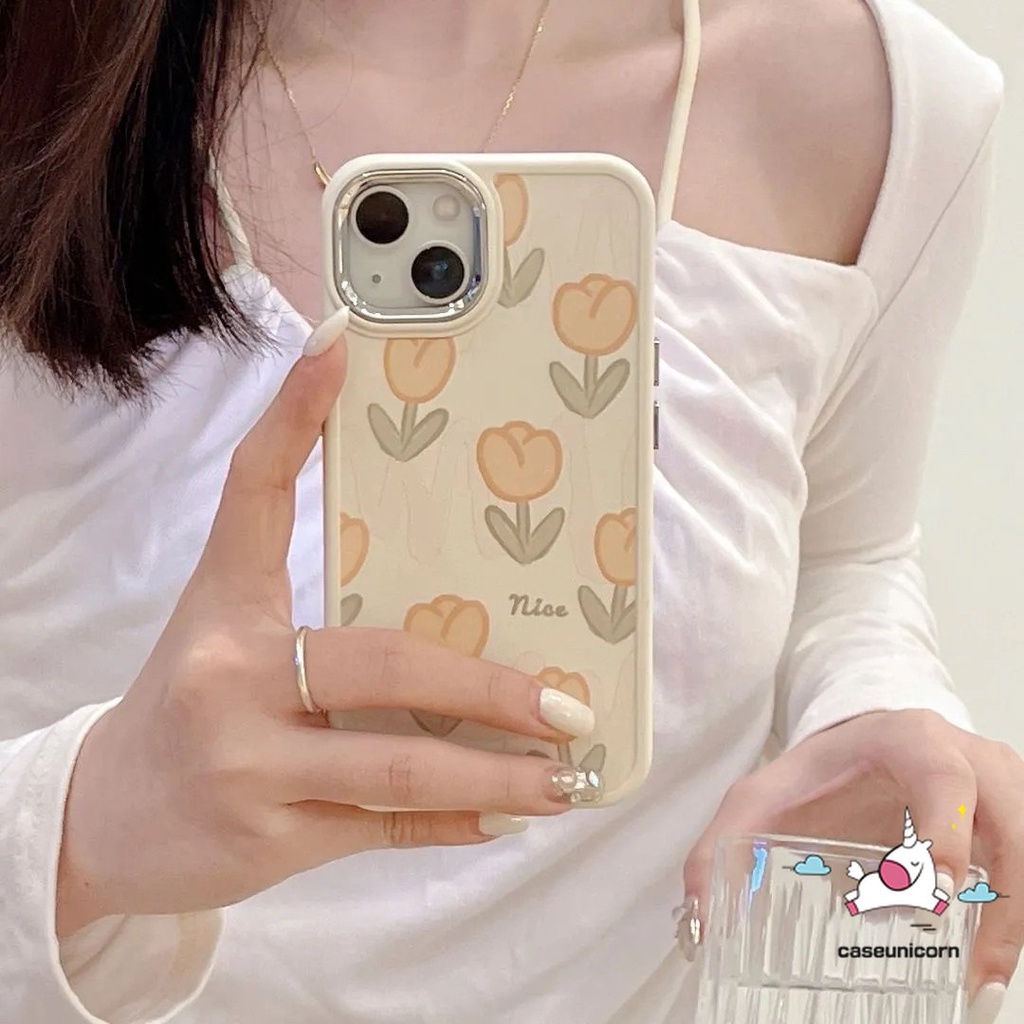 Casing Ponsel Kompatibel Untuk IPhone 7plus 8plus XR 11 14 12 13 Pro MAX X 7 8 Plus XS MAX Fresh Bunga Tulip Mewah Plating Electroplate Bingkai Lensa Logam Shockproof Soft Cover