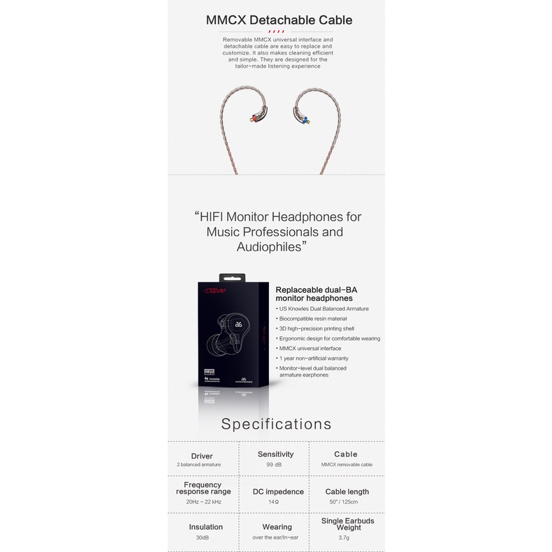 Audiosense DT200 HiFi Stereo Knowles 2BA Earphone IEMs Dengan Kabel MMCX Yang Dapat Dilepas Pencetakan 3D Resin shell