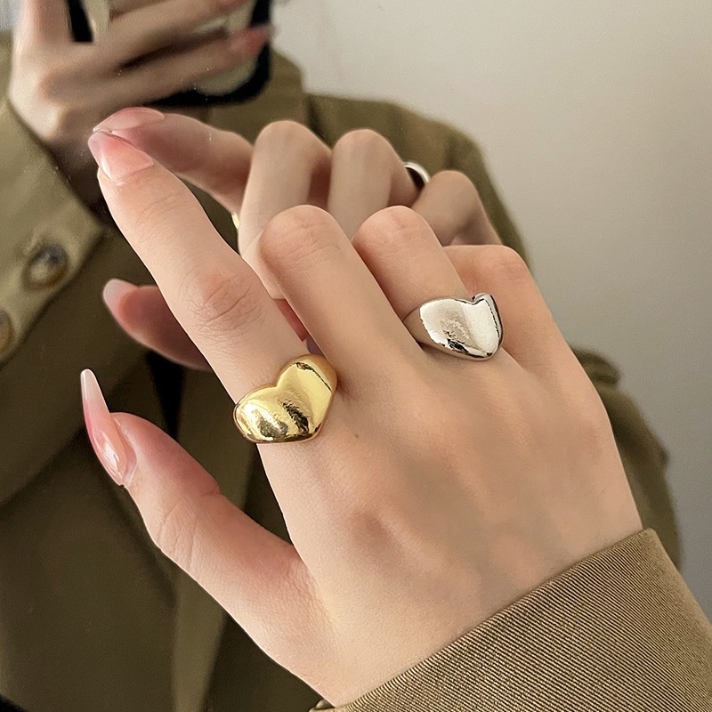 Kreatif Indah Wanita Warna Emas Perak Glossy Pembukaan Cincin Kepribadian Gadis Sederhana Cinta Hati Berbentuk Lebar Yang Dapat Disesuaikan Jari Cincin Perhiasan Hadiah