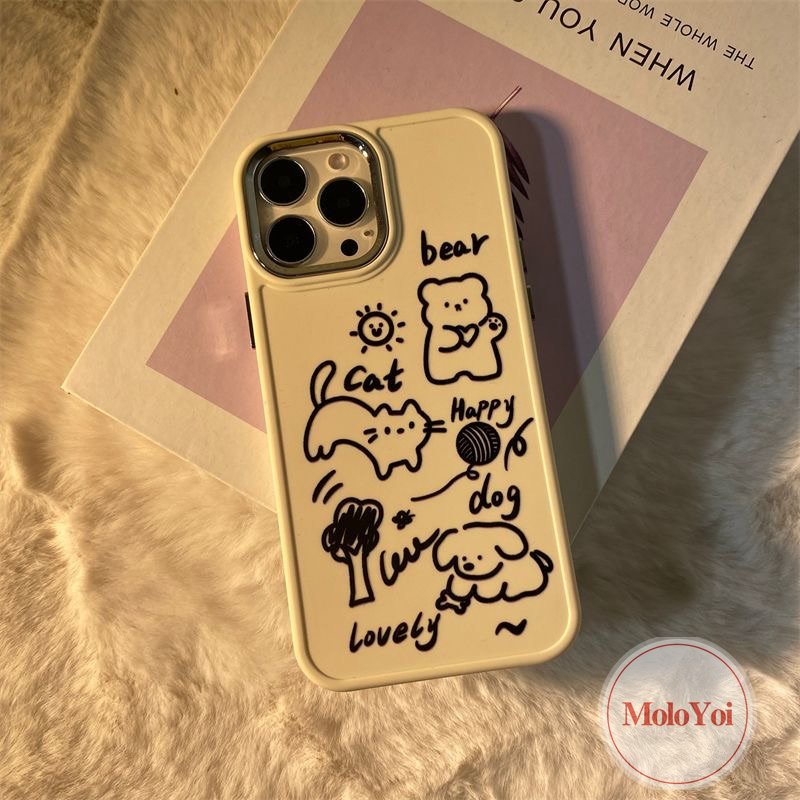 Cinta Hati Lucu Kucing Anjing Beruang Casing Ponsel Kompatibel Untuk IPhone 7Plus 11 13 14 12 Pro Max XR 87 Plus X XS Max Art Kartun Graffiti Bunga Plating Bingkai Lensa Logam Soft Cover