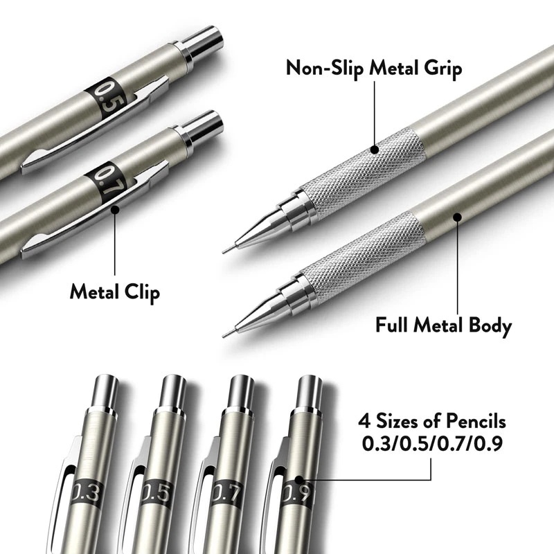 0.3-2.0mm Pensil Aktivitas Mekanik Metal Automatic Drawing Pen/Pensil Otomatis Refill HB Resin Replacement Core/Art Tracing Pen/Alat Tulis Amplas Abrasif