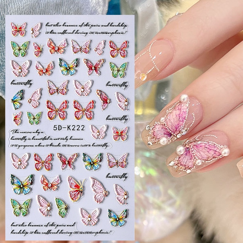 5d Stiker Kuku Kupu-Kupu Pola Bunga Perekat Diri Slider Kuku Stiker DIY Nail Art Dekorasi