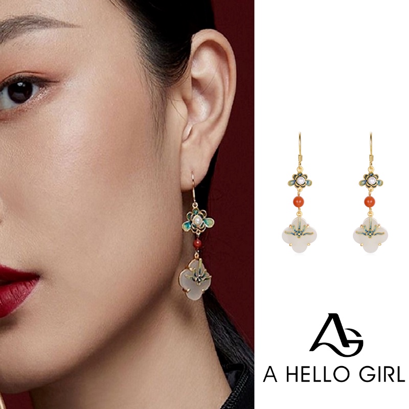 Ahellogirl S925 Sterling Silver Oriental Dicat Enamel Anting-Anting Perempuan Desain Kuno Anting-Anting Gaya Cina Cheongsam Telinga Perhiasan Hadiah