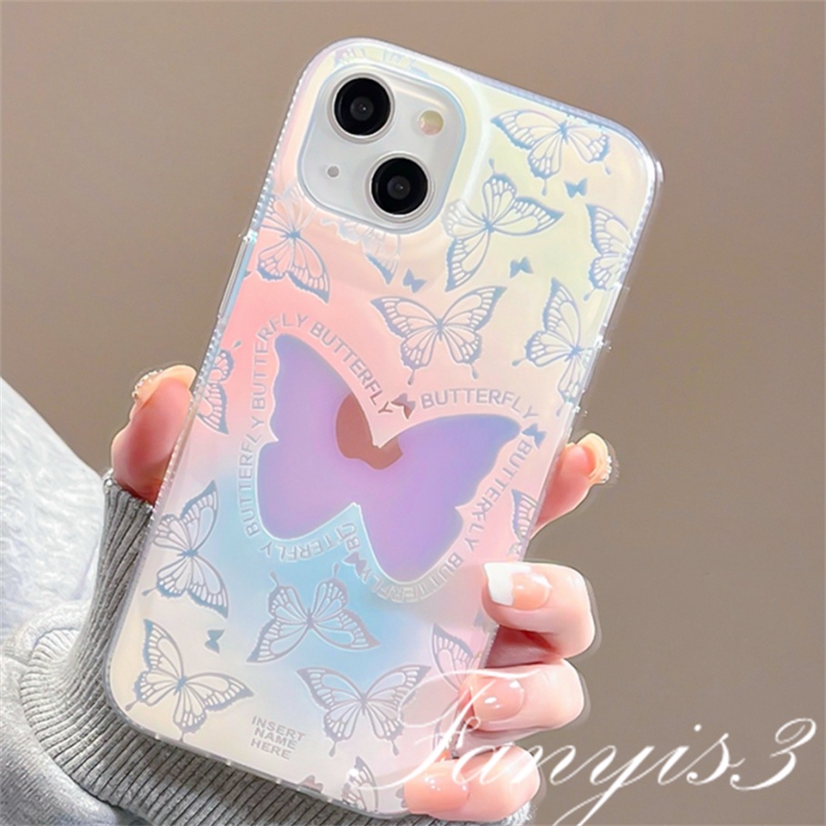 Compatible For IPhone 14 13 12 11 Pro Max X XR Xs Max 8 7 Plus SE 2020 Kompatibel Untuk Pink Layar Penuh Fantasi Kupu-Kupu IMD Laser Gradien Casing Ponsel TPU Lembut Shockproof Cover Pelindung