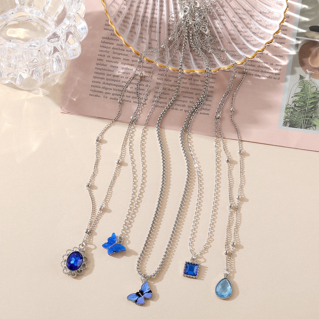 5-piece Set Fashion Sederhana Kupu-Kupu Cinta Air Mata Persegi Pribadi Trendi Tulang Selangka Perhiasan Kalung Set