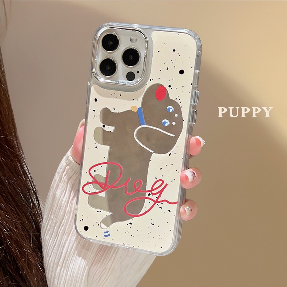 IPHONE Ins Anjing Lucu Kartun Plating Cermin Casing Transparan Untuk Iphone14 11 12 13 PRO MAX Casing AT0264 Cover Pelindung