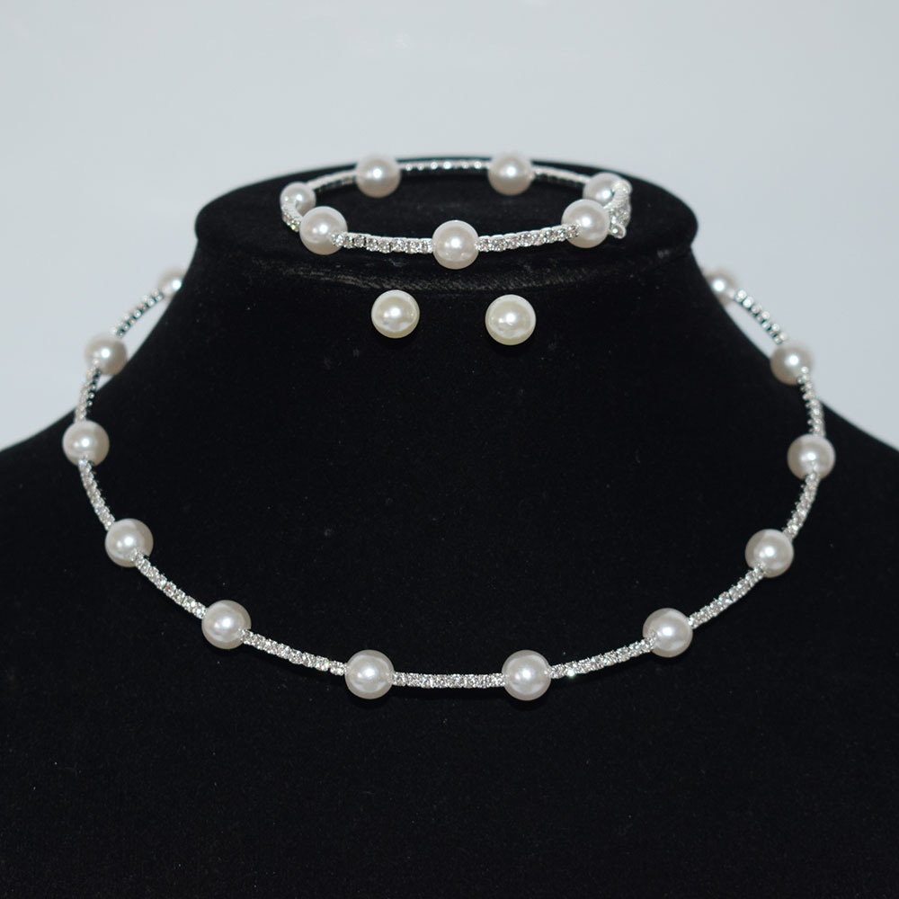 Minimalis 1 Drainase Berlian Zirkon Mutiara Kerah Gelang Telinga Stud Set Aksesoris Gaun Pengantin Wedding Collar Neckchain