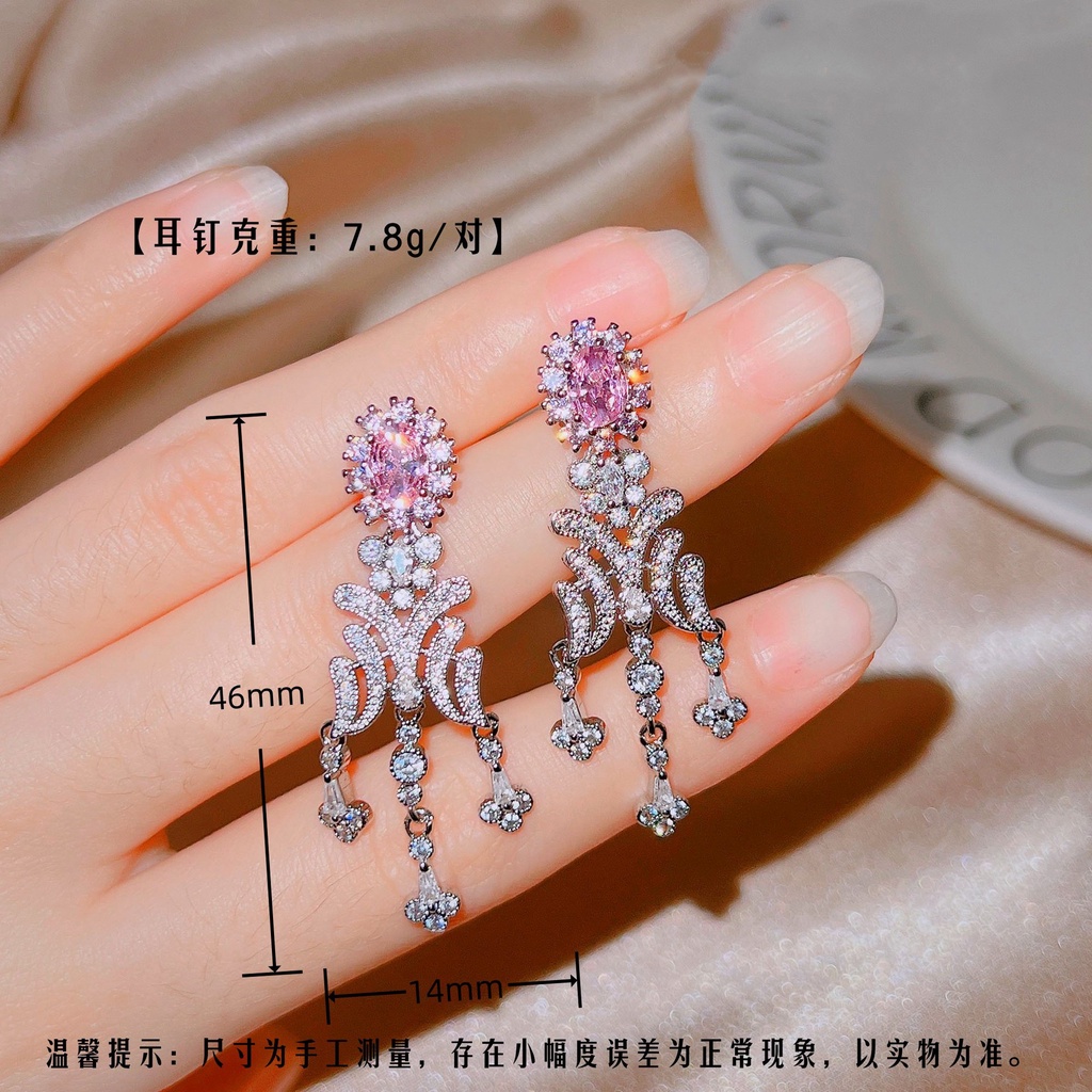 Goldkingdom Fashion Perhiasan Aksesoris Ready Stock Pink Berlian Sterling Silver Indah Rumbai Panjang Manis Keren Penuh Berlian Anting Untuk Wanita