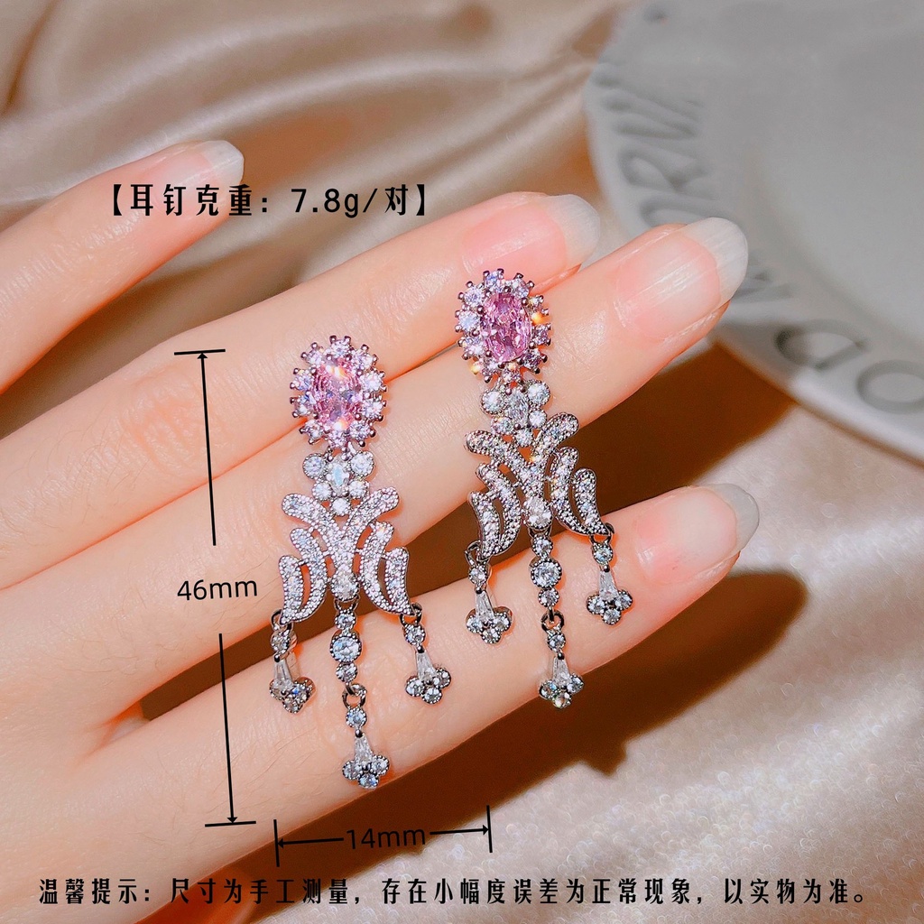 Goldkingdom Fashion Perhiasan Aksesoris Ready Stock Pink Berlian Sterling Silver Indah Rumbai Panjang Manis Keren Penuh Berlian Anting Untuk Wanita