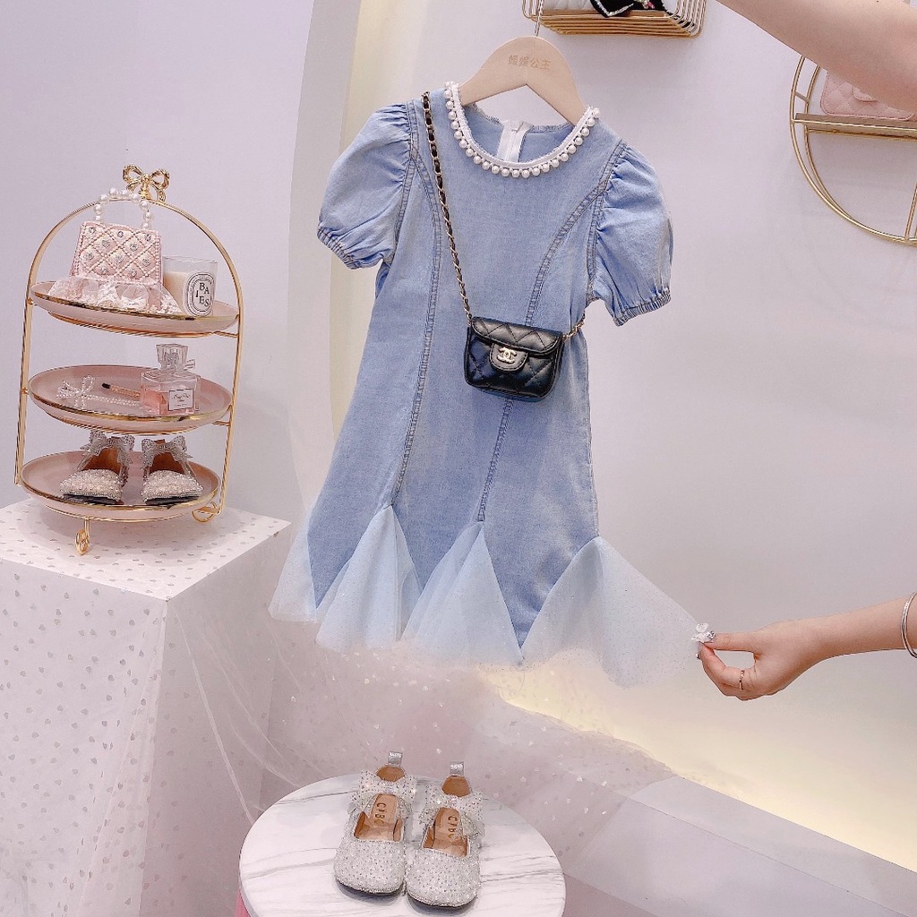 Anak-anak 3-8 tahun anak perempuan denim dress musim panas baru puff lengan putri rok versi Korea dari fishtail gaun anak-anak