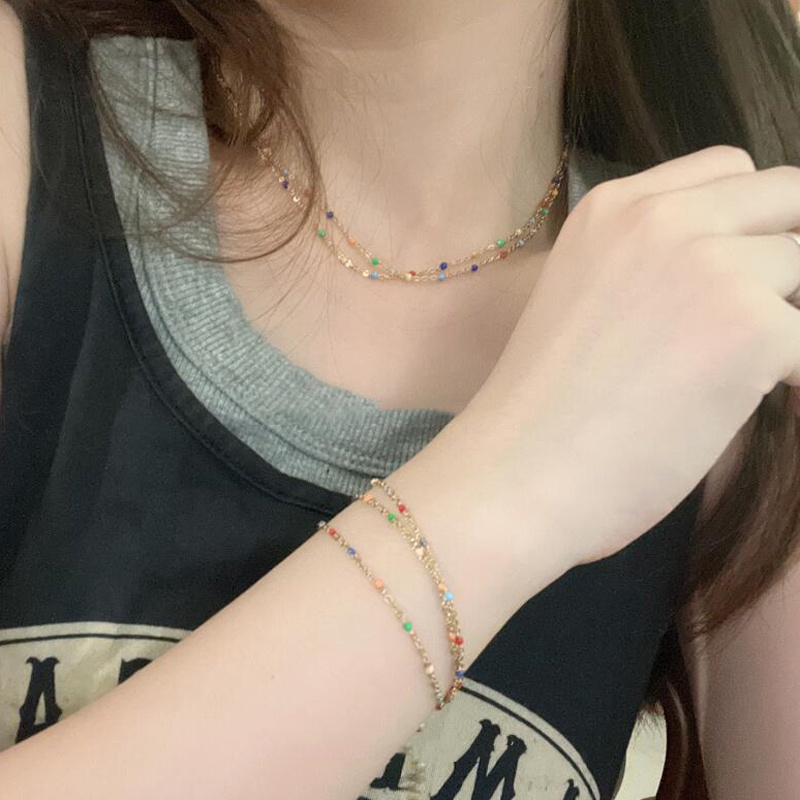 Roselife Korea Emas Ultra Rantai Tipis Warna-Warni Manik-Manik Choker Pendek Kalung Untuk Wanita Gadis IU Gaya Yang Sama Populer Liburan Musim Panas Tulang Selangka Rantai Kalung Perhiasan Aksesoris