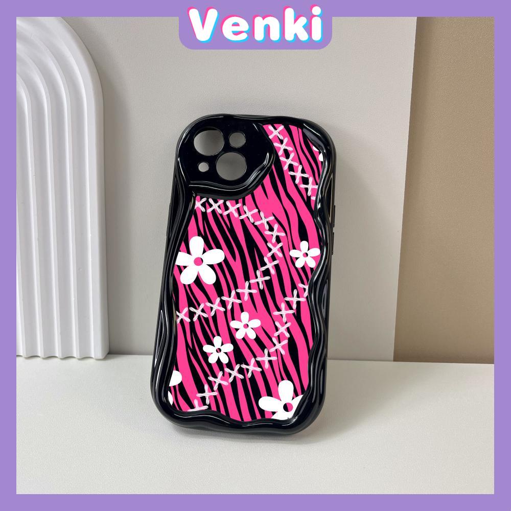 VENKI - For iPhone 11Phone Case Curved Edge Wave Case Glossy Black TPU Airbag Shockproof Camera Case White Floral Compatible with iPhone 14 13 Pro max 12 Pro Max xr xs max 7 8Plus