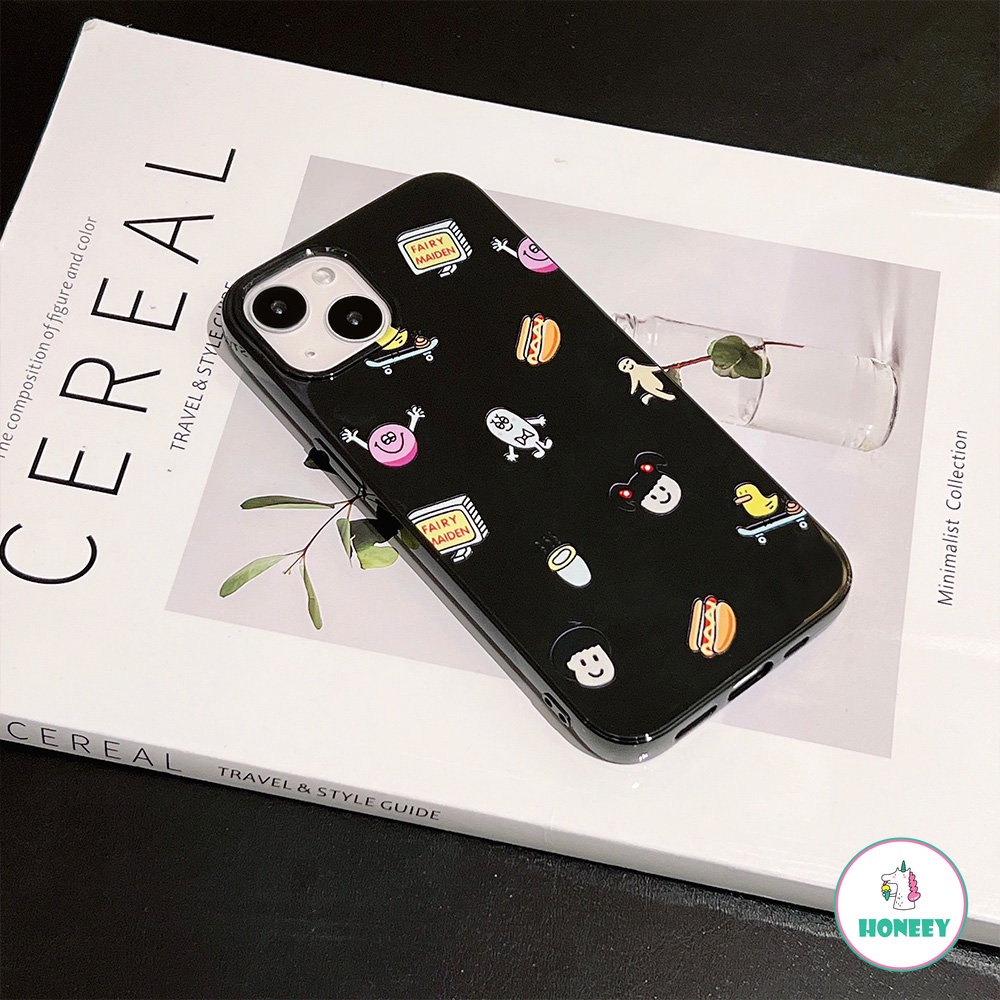 IPHONE Kartun Lucu Stiker Layar Penuh Ponsel Case Kompatibel Untuk Apple14 Untuk Iphone11 13 14 12 Pro Max XS XR 78 Plus Hitam Glossy Lembut TPU Shockproof Cover