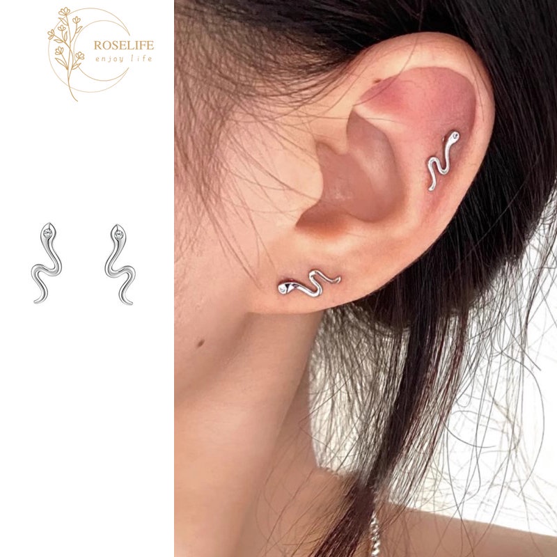 Roselife Unisex Perak Ular Stud Anting Untuk Wanita Pria Gelombang Earring Hypoallergenic Fashion Perhiasan Telinga 1pasang