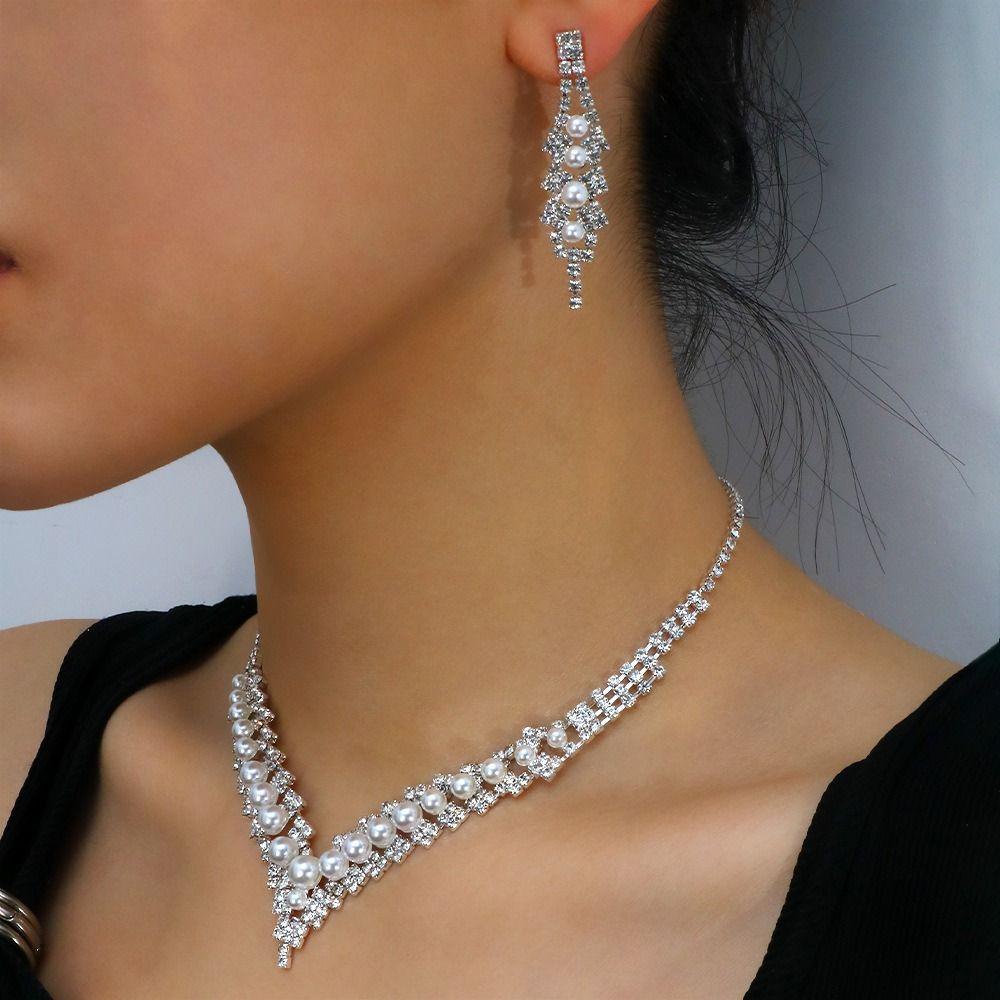 Fishstick Bridal Set Perhiasan Pernikahan Temperamen Romantis Elegan Rumbai Berlian Imitasi Beads Alloy Menjuntai Anting