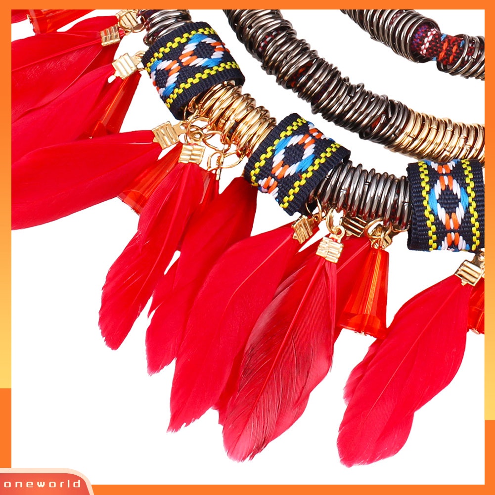 [ONE] 2 Pcs Bulu Rumbai Pesona Multilayer Choker Lady Statement Kalung Anting Set