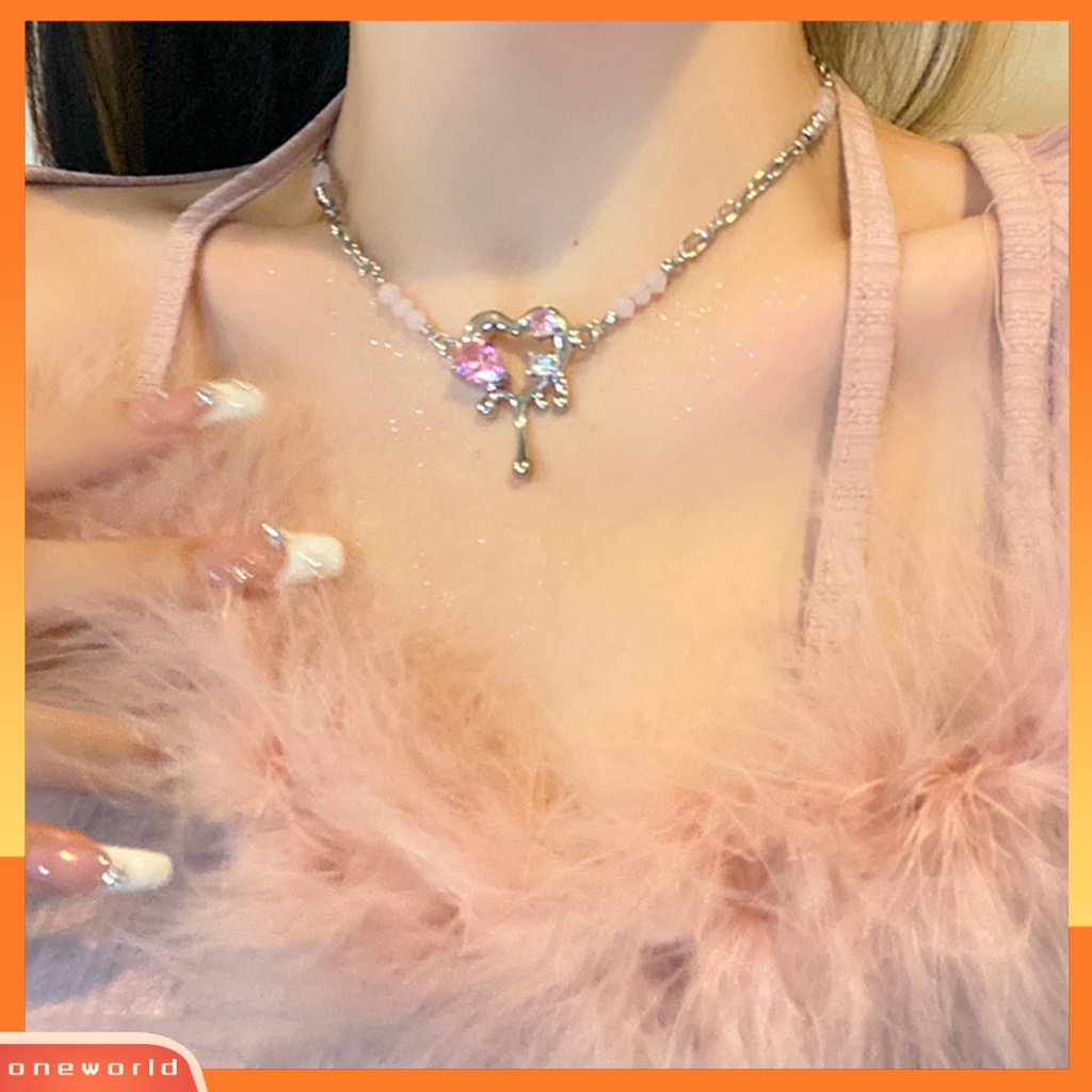 [ONE] Rantai Ekstensi Dapat Disesuaikan Paduan Lady Kalung Pink Cubic Zirconia Jantung Liontin Choker Kalung Perhiasan Aksesori