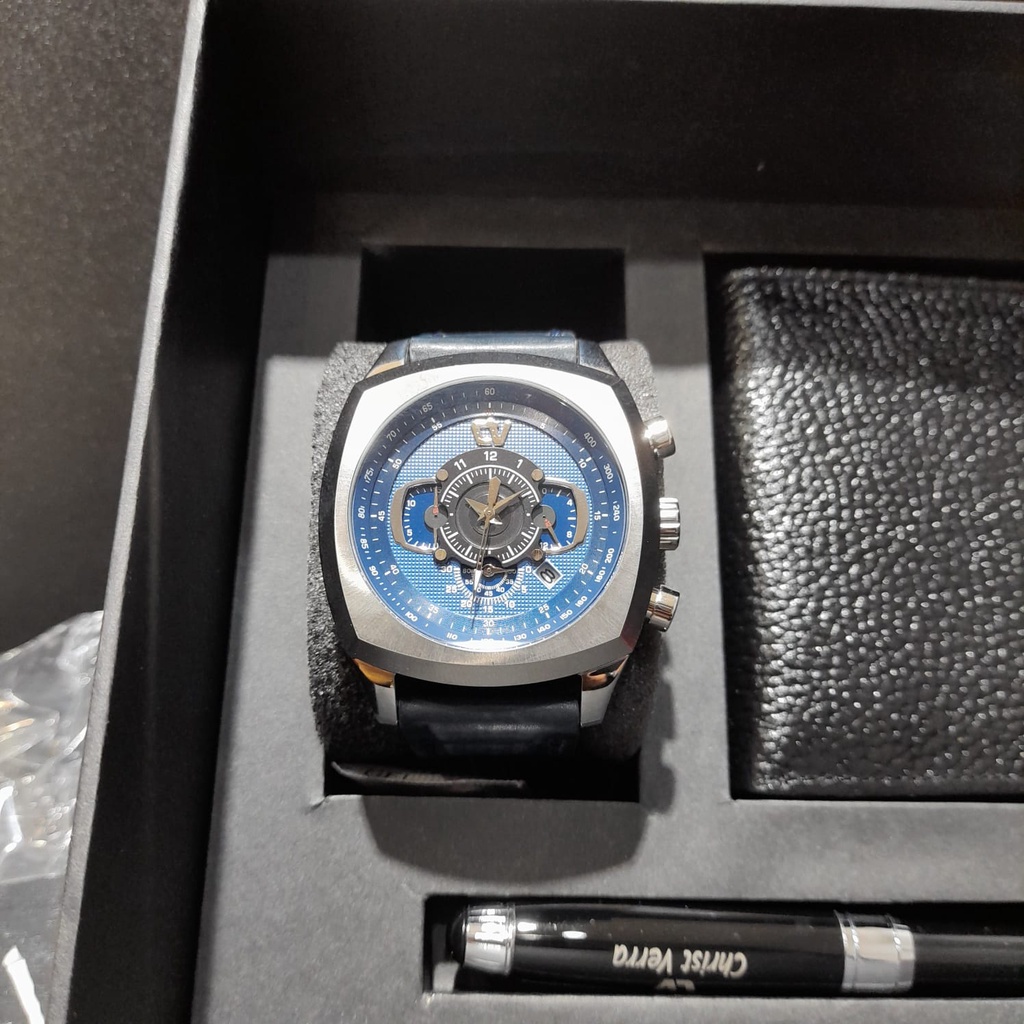 JAM TANGAN CHRIST VERRA PRIA CV75048G-21 BOX SET SILVER NAVY KULIT ORIGINAL