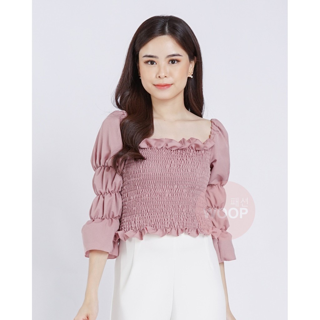Dewi Top Blouse Sabrina / Atasan Wanita Serut Lengan Panjang Rufle Susun Balon/ Atasan Wanita Serut 