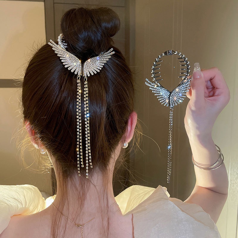 [Unggulan] 1pc Ladies Bun Head Ponytail Gesper Sayap Malaikat Rumbai Jepit Rambut Korea Hair Claw Elegan Mutiara Klip Rambut Ponytail Tinggi Artefak Aksesoris Rambut Styling Perlengkapan