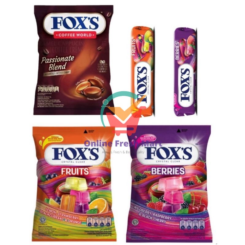 

FOX'S Aneka permen Crystal Clear Fruits Bag foxs berries cofee world - Online Fresh Mart Denpasar