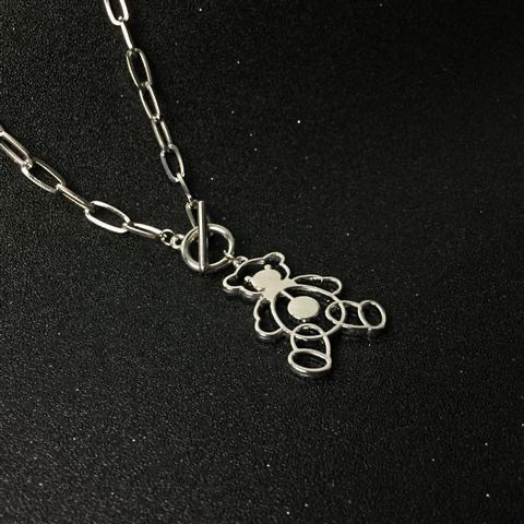 Hip Hop Retro Berongga Beruang Kalung Pasangan Disko Pria Wanita Liontin Korea ins Panjang Titanium Steel Necklace