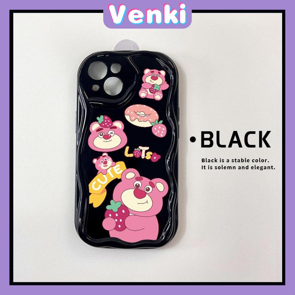 VENKI - Untuk iPhone 11 Case Curved Edge Wave Case Glossy Black TPU Airbag Shockproof Camera Case Cute Pink Bear Kompatibel dengan iPhone 14 13 Pro max 12 Pro Max xr xs 7Plus 8Plus