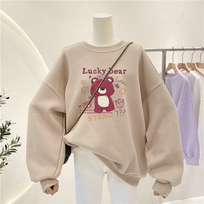 COD - Lucky Bear Basic Sweater Outerwear Sweter Wanita Fleece Tebal Premium OOTD Casual Daily Remaja