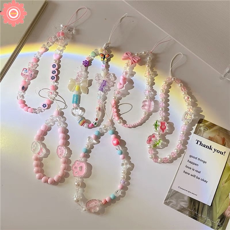 Charm Multicolor Resin Heart Bowknot Mobile Phone Chains for Women Girls Telephone Jewelry Strap Beaded Lanyard Hanging Cord