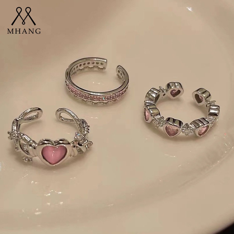 Mewah Pink Kristal Hati Cincin Yang Dapat Disesuaikan Korea Elegan Berlapis Emas Cincin Pertunangan Cincin Berlian Merah Muda Wanita Perhiasan Baru Hadiah Hari Valentine