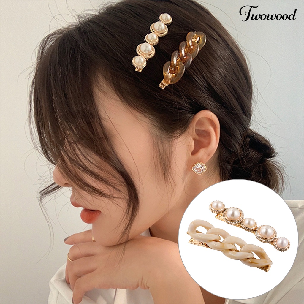 Twowood 2pcs/Set Wanita Jepit Rambut Mutiara Imitasi Non-slip Bentuk Rantai Geometris Ringan Hiasan Transparan Gadis Rambut Dekorasi Hair Clips Aksesoris Rambut