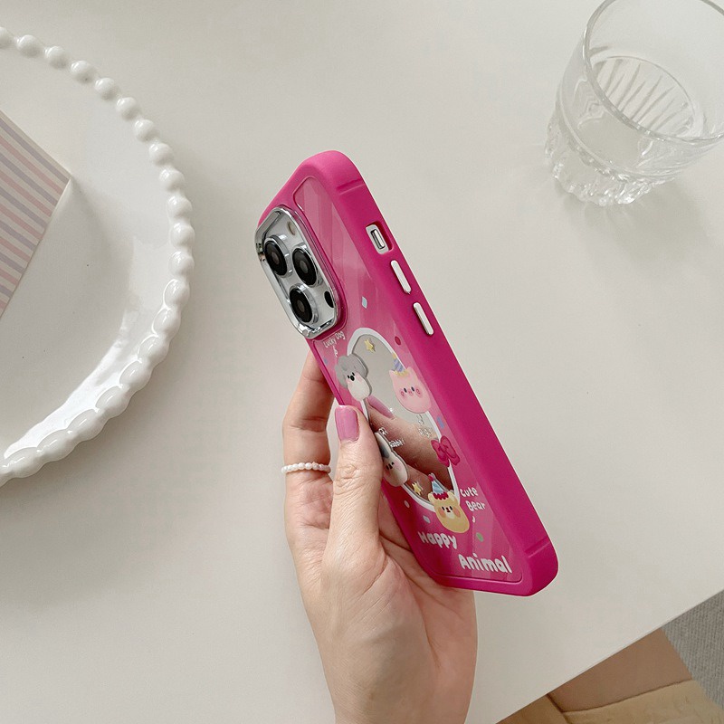 All New Mirror So Cute Pink Animal Party Silicone Soft Case IPhone 11 12 13 14 Pro Max Women's Fashion Gift Electroplated Camera Red Girl Phone Case