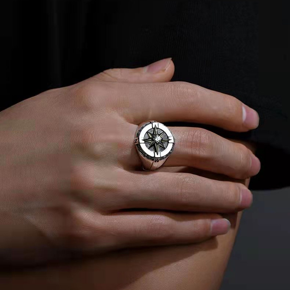 Vintage Perak Emas Kompas Titanium Steel Jari Punk Cincin Untuk Pria Fashion Perhiasan Aksesoris