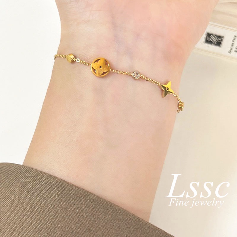 Gelang Titanium Wanita Anti Karat Bunga Berlian Emas 18K Cantik Aesthetic Korea Aksesoris Perhiasan