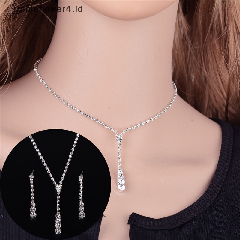 {rippleflower4.id} 1set Pernikahan Pengantin Berlian Imitasi Kristal Kalung Drop Anting Perhiasan Baru Chic~